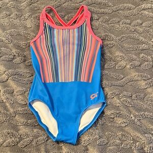 GK Girls Blue One-Piece Swimsuit with Pink Trim and Multicolor Stripes